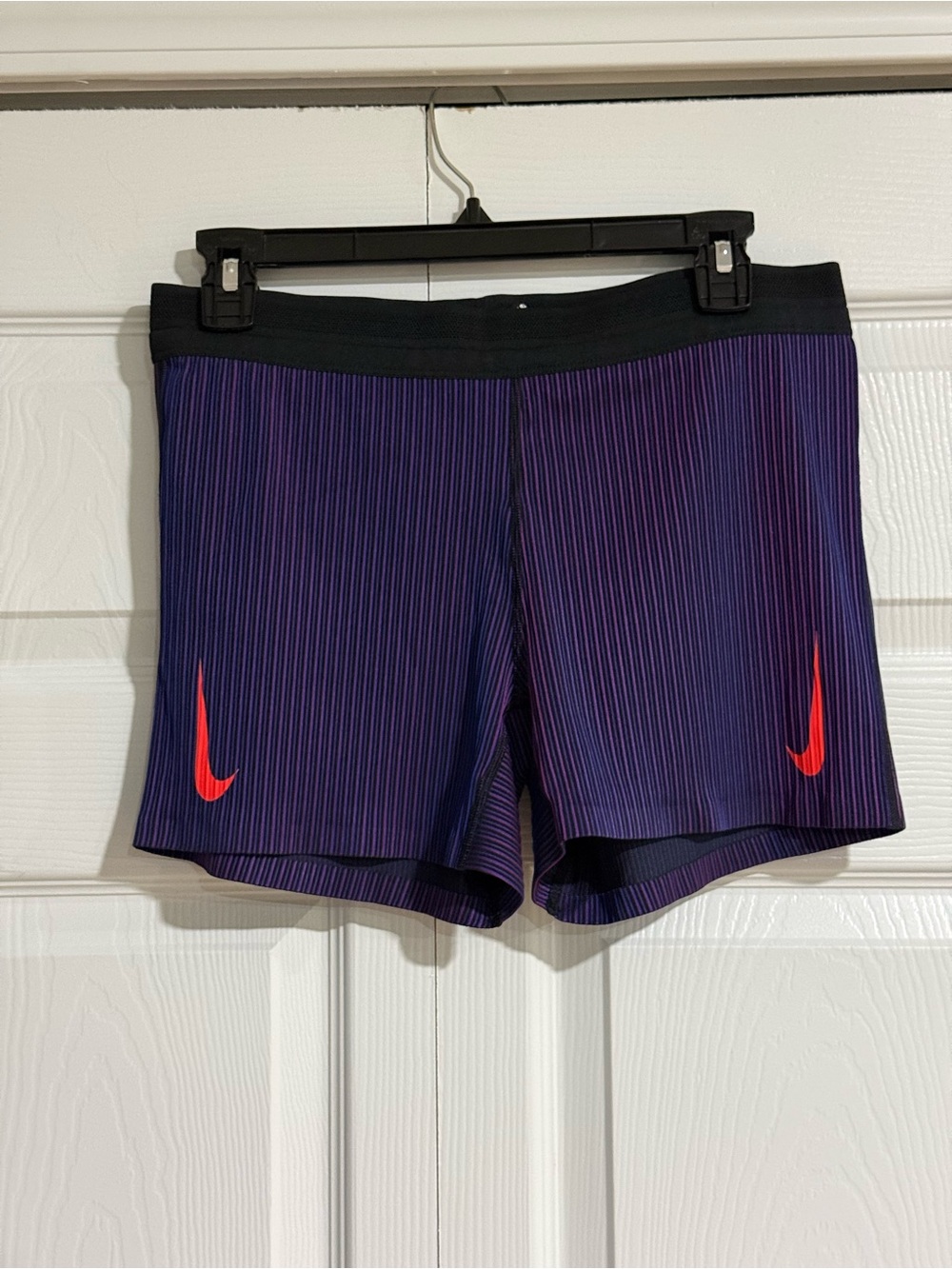 Nike Women's Purple Pinstripe Running Shorts with Red Swoosh - Picture 2 of 4